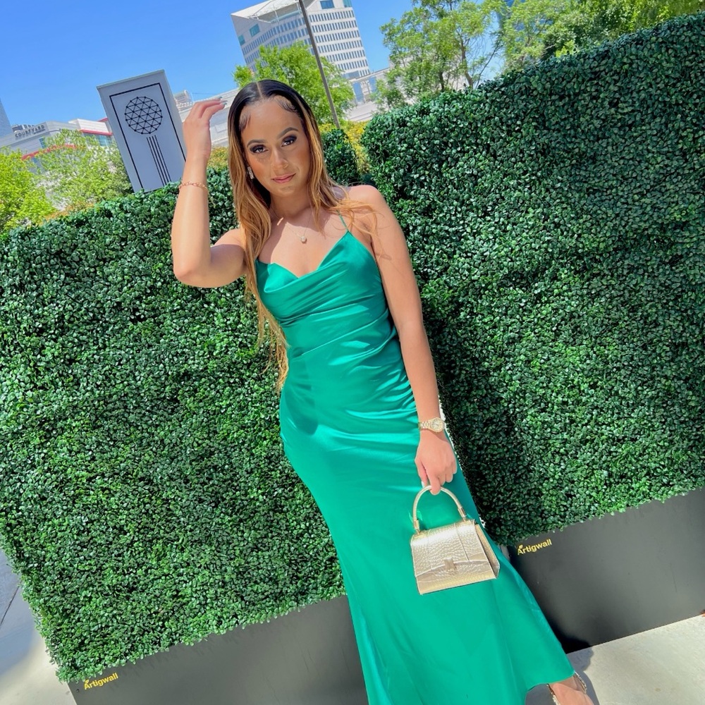 Emerald Green Satin Cowl Neck Maxi Dress